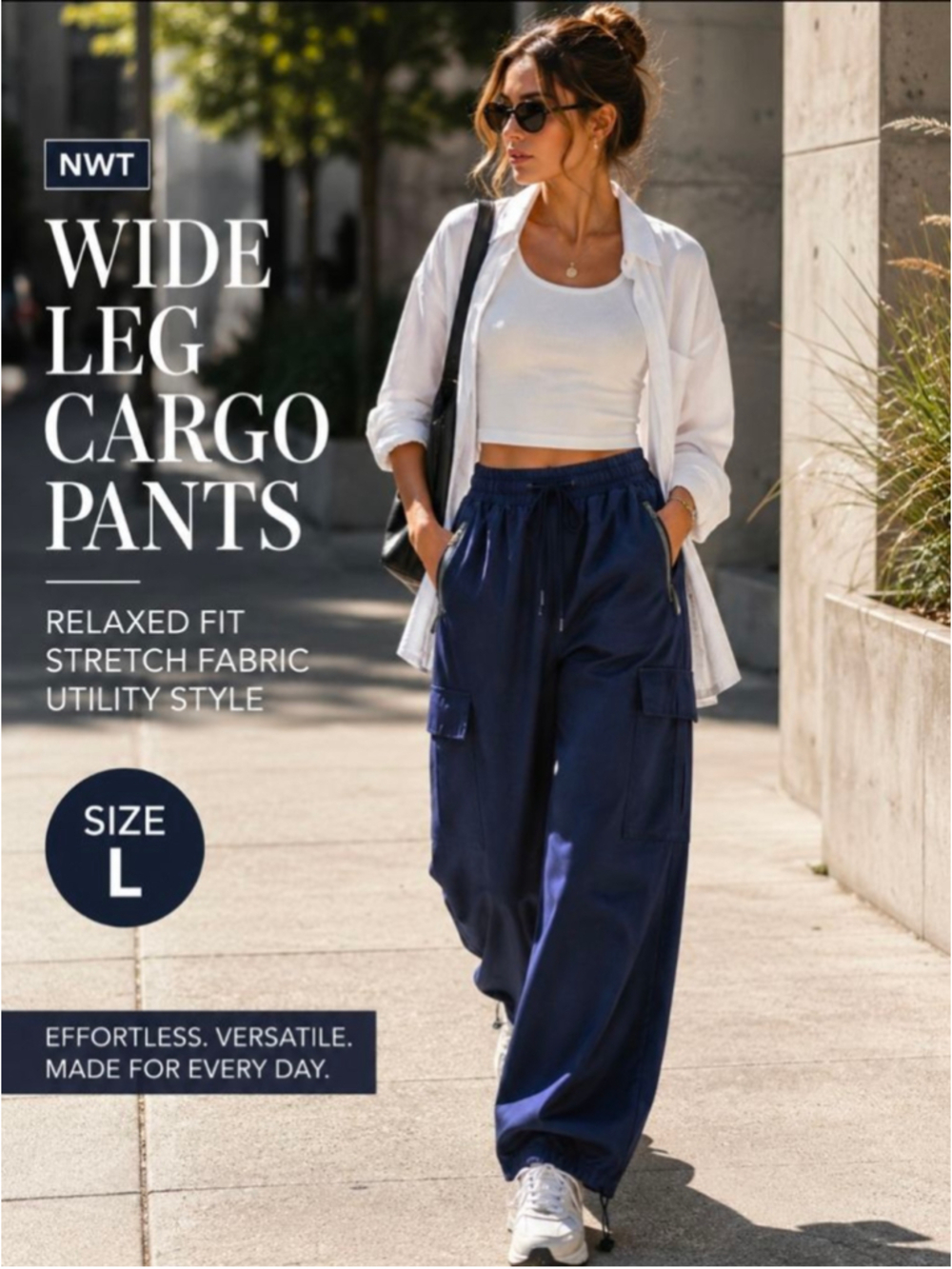 FARUNGS Navy Wide Leg Cargo Pants L NWT Drawstring Stretch Utility Travel Casual